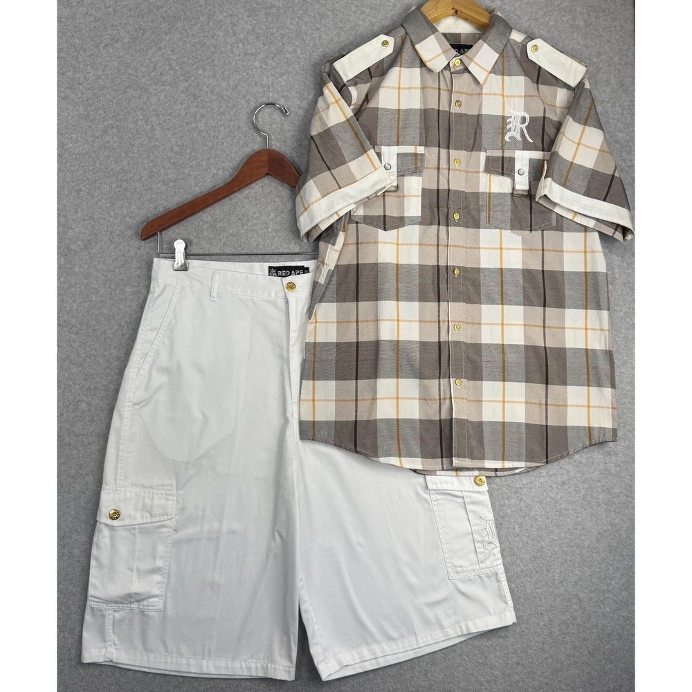 Red Ape Mens Outfit Plaid VTG Y2K Shirt White Baggy Shorts Set Size L 36 Hip Hop